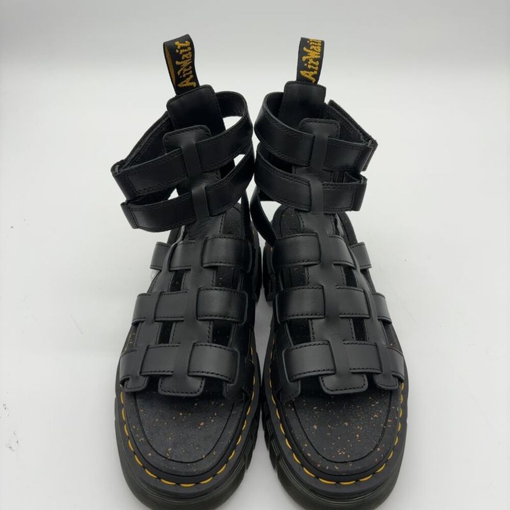 Dr. Martens Black Leather Gladiator Sandals with Yellow Stitching